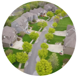 Flyover image of suburban neighborhood